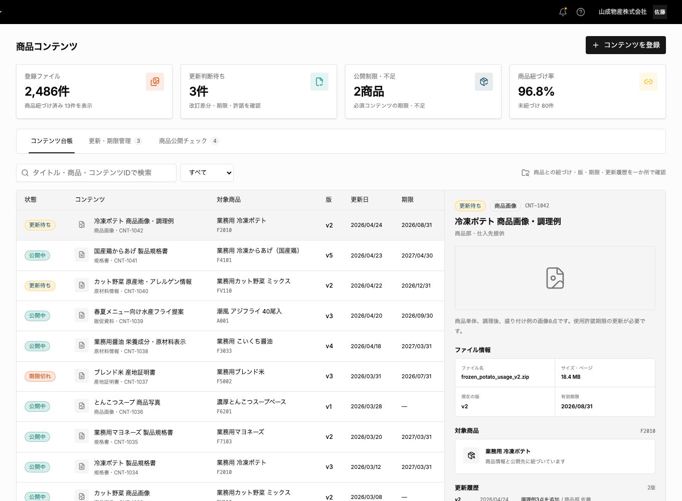 商品コンテンツ（DAMライブラリ）画面。登録ファイル2,486件の台帳を版・期限・商品紐づけとともに管理